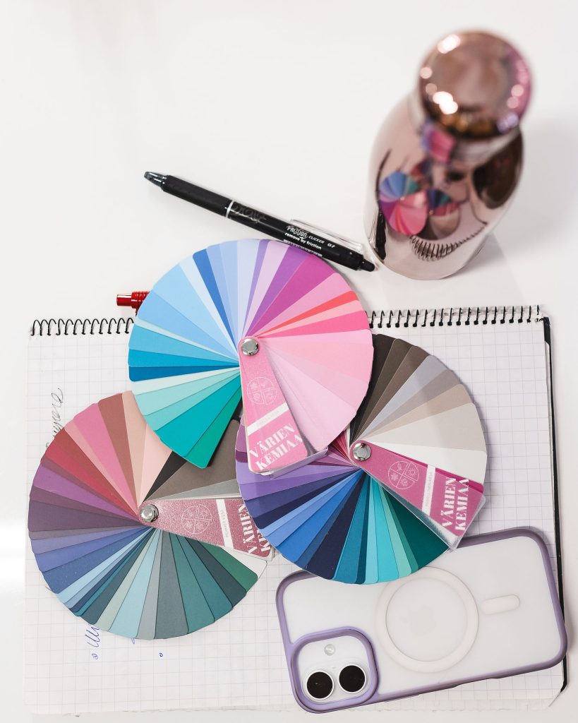 värianalyysipaletteja, puhelin ja juomapullo valmiina värianalyysipalveluihin